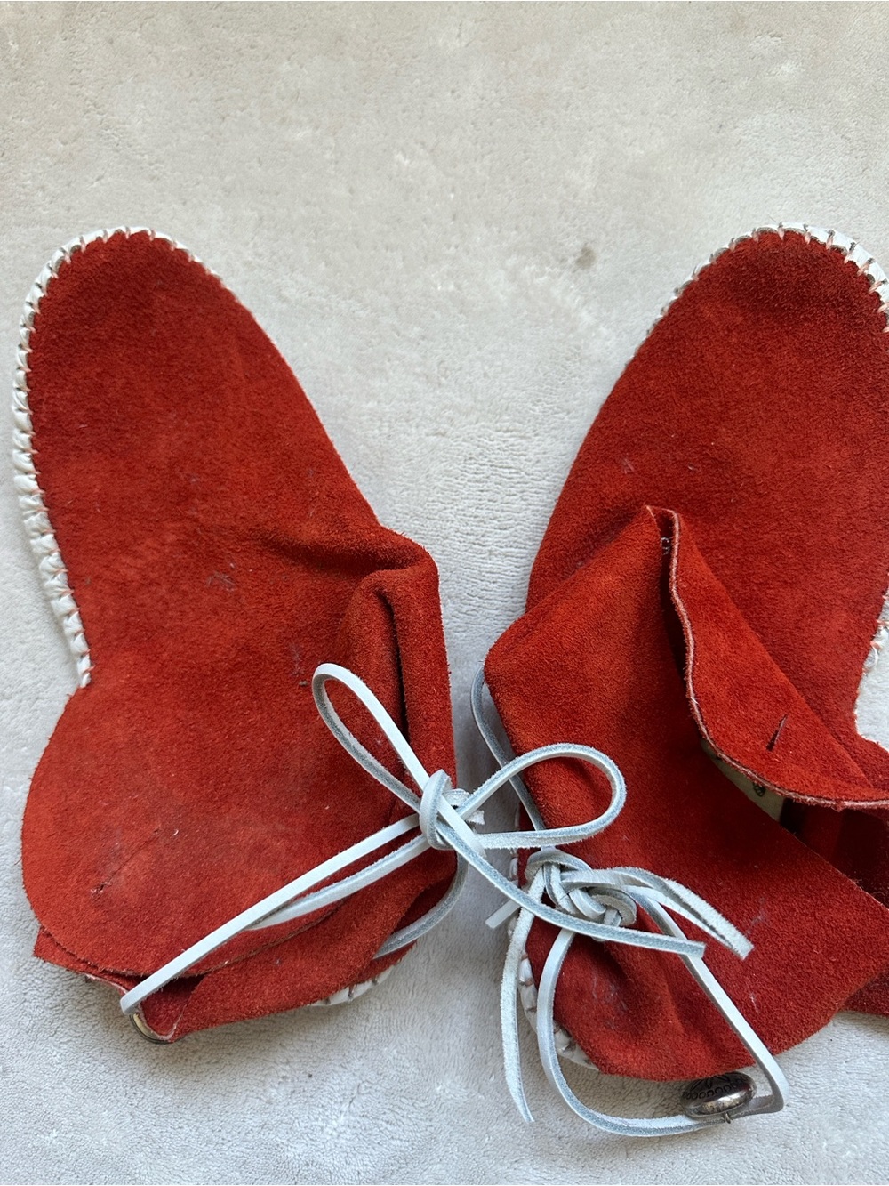 Rust Red Suede Moccasin Flats with White Lacing - Picture 12 of 13